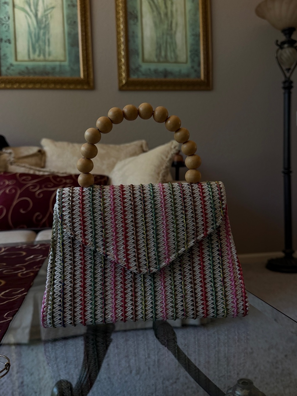 Woven Multicolor Straw Top-Handle Bag with Wooden Bead Handle